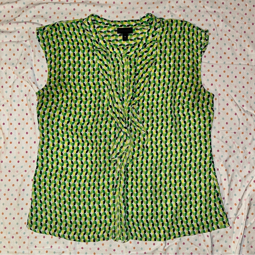 Worthington Women’s Sleeveless XL Blouse - Green Geometric Ruffle V-Neck